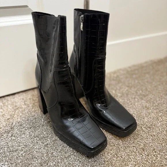 Princess Polly Black Patent Croc Chunky Heel Platform Ankle Boots Size 8 - Picture 3 of 5